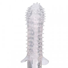 Прозрачная массажная насадка на пенис с шишечками и юбочкой - 12,5 см.