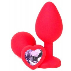 Красная силиконовая пробка с сиреневым кристаллом-сердечком - 8 см.