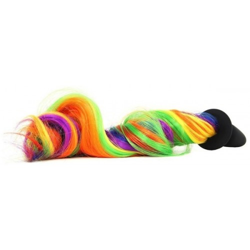 Чёрная анальная пробка с радужным хвостом Unicorn Tails Rainbow
